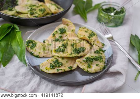 Pierogi Ruskie, Baked Dumplings Stuffed With Curd Cheese And Potatoes And Wild Garlic