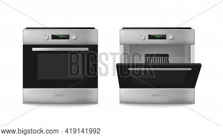 Electric Oven With Open And Closed Door, Home Kitchen Equipment For Cook Food.