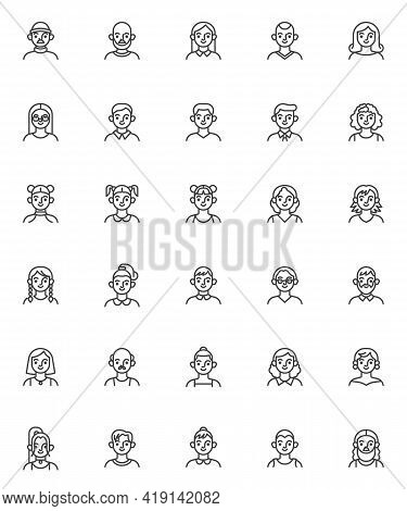 Young People Avatar Line Icons Set. Linear Style Symbols Collection, Outline Signs Pack. Man And Wom