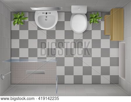 Bathroom Interior Top View, Room With Shower With Glass Wall, Toilet Bowl, Ceramic Sink With Mirror,