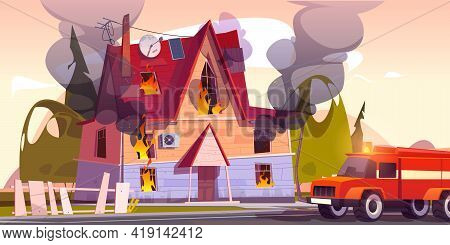 Fire Truck At Burning House, Suburban Cottage In Flame With Long Tongues. Dangerous Accident At Home