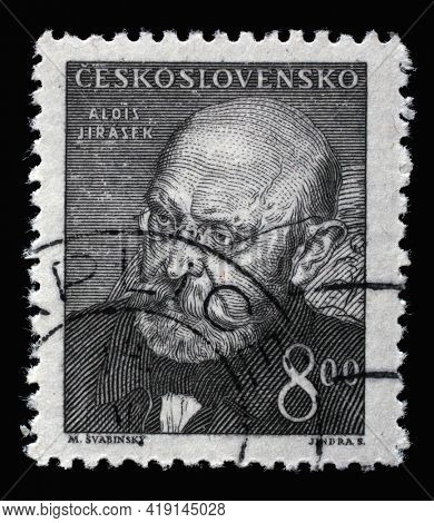 ZAGREB, CROATIA - SEPTEMBER 18, 2014: Stamp printed in Czechoslovakia shows portrait of Aloisk Jirasek, Czech writer and public figure. Member of the Czech Academy of Sciences and arts, circa 1949