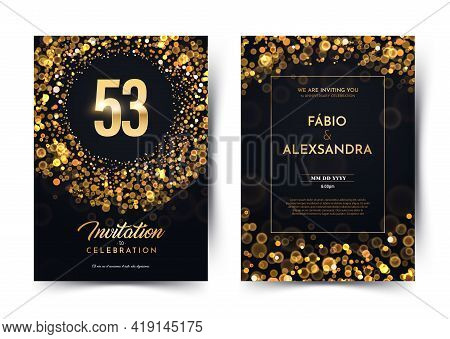53rd Years Birthday Vector Black Paper Luxury Invitation Double Card. Fifty Three Years Wedding Anni
