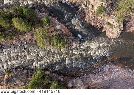mountain river rapids - aerial view, Poudre River in the canyon above Fort Collins, Colorado, in early spring scenery
