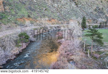 Poudre River in the canyon above Fort Collins, Colorado, in early spring scenery, aerial view