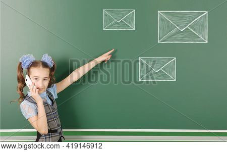 Pre-adolescent Girl Checks Your Email, Isolated School Board Background With Drawn Chalk  Postcards 