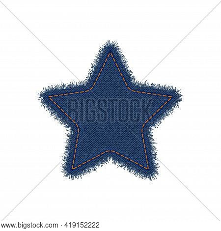 Denim Star Shape With Seam. Torn Jean Patch With Stitches. Vector Realistic Illustration On White Ba