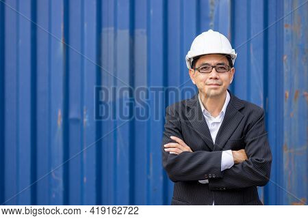 Portrait Transportation Man Engineering A Helmet Logitics Shipping At Container Background