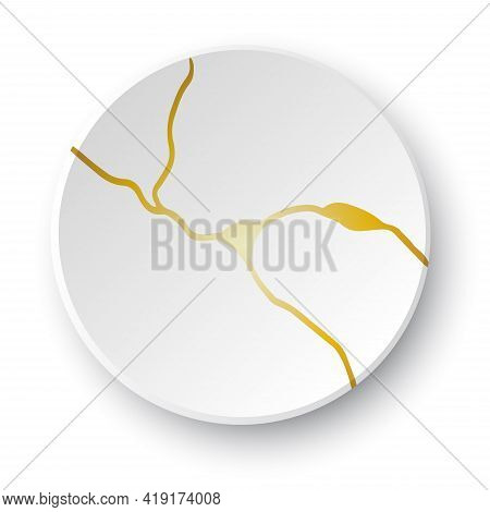 Gold Kintsugi Crack. Broken And Crack Effect, Craquelure And Damaged Texture. Vector Illustrations C