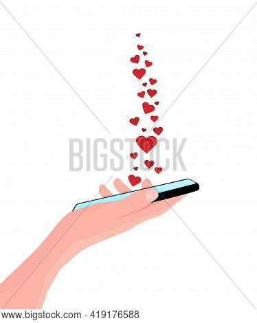 Mobile Phone In The Hand. Woman Holds Black Smartphone. Finger Touching Screen. Copy Space For Your 