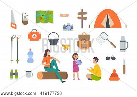 Tourist Equipment And Hiking Accessories On White Background. Camping Elements Kit For Outdoor Adven