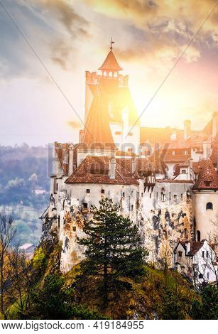 Famous Dracula's Castle in Romania at sanset