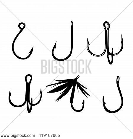 Fishing Hooks Set. Collection Of Metal Balanced Fishing Gear For Outdoor Activities. Vector Illustra