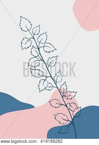 Abstract Art Of Floral Branch On Simple Shapes Background. Hand Drawn Poster, Nature Print In Boho S