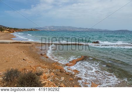 View Of The Sandy Soros Beach On The Coastline Of Antiparos Island. Greece.