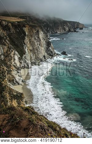 Panoramic Shot Of The Beautiful Big Sur Coast Of California On A Misty Day, United States Of America