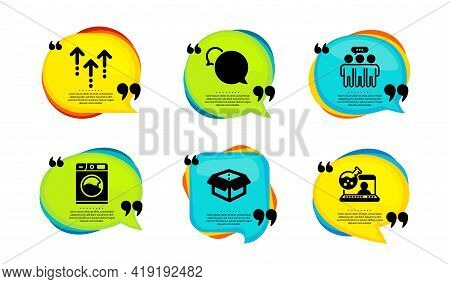 Swipe Up, Employees Group And Messenger Icons Simple Set. Speech Bubble With Quotes. Washing Machine