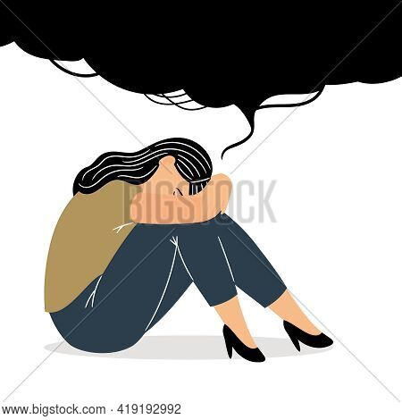 Girl With Sad Thoughts. Cartoon Melancholic Gloomy Woman With Sad Feeling In Adolescence, Vector Ill