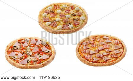 Three Pizzas Isolated On A White Background. Italian Food Concept. Appetizing Pizza.