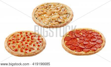 Three Pizzas Isolated On A White Background. Italian Food Concept. Appetizing Pizza.