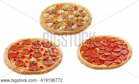 Three Pizzas Isolated On A White Background. Italian Food Concept. Appetizing Pizza.