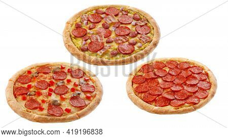 Three Pizzas Isolated On A White Background. Italian Food Concept. Appetizing Pizza.