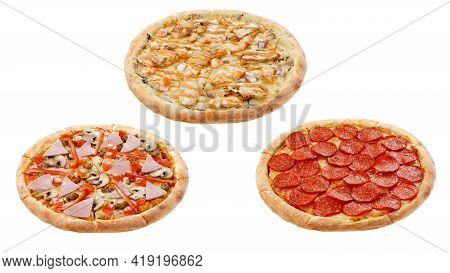 Three Pizzas Isolated On A White Background. Italian Food Concept. Appetizing Pizza.