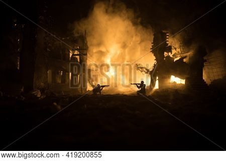 War Concept. Military Silhouettes Fighting Scene On War Fog Sky Background, World War Soldiers Silho