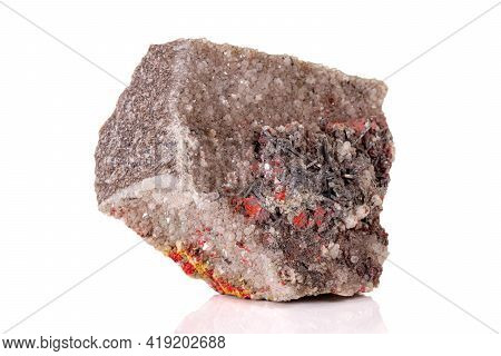 Macro Stone Cinnabar With Mineral Stibnite On A White Background