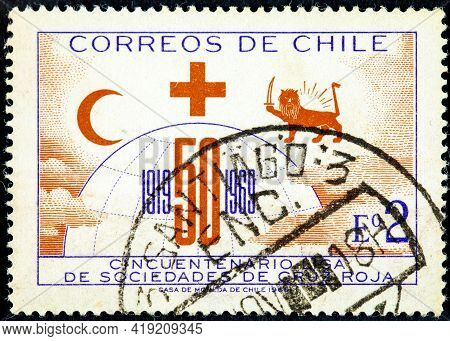 Chile - Circa 1969: A Stamp Printed In Chile Issued For The 50th Anniversary Of League Of Red Cross 