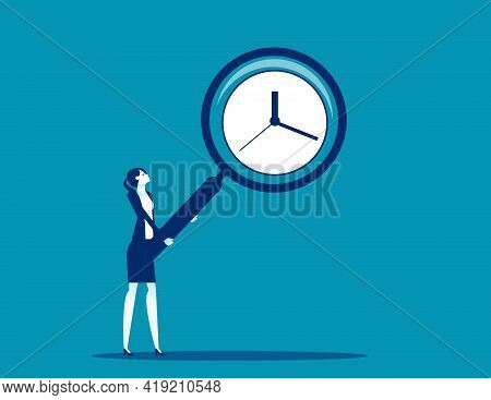 Businesswoman Holding A Big Magnifying Glass Showing Clock