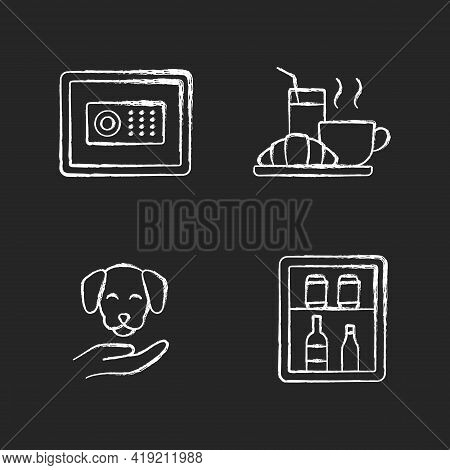 Hotel Services Chalk White Icons Set On Black Background. Minibar Is Small Refrigeratorplaced In Cus