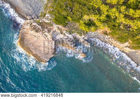 Aerial View Top Down Of Rocky Coast Of Corsican Cap Corse Near Farinole, Corsica, France