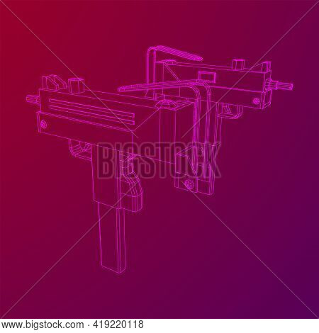 Submachine Gun Modern Firearms Pistol. Wireframe Low Poly Mesh