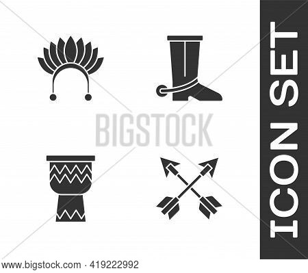 Set Crossed Arrows, Indian Headdress With Feathers, Drum And Cowboy Boot Icon. Vector