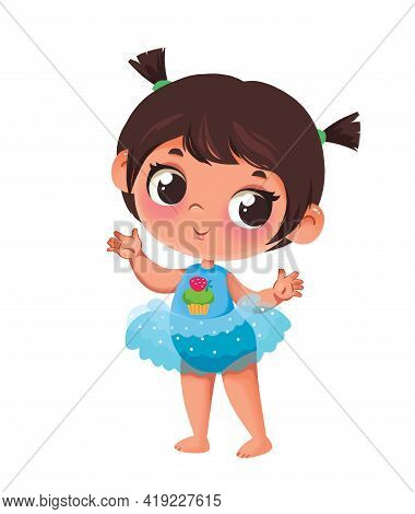Girl Baby Cute Little Dark-haired Asian Newborn In A Blue Swimsuit With A Transparent Skirt. Early D