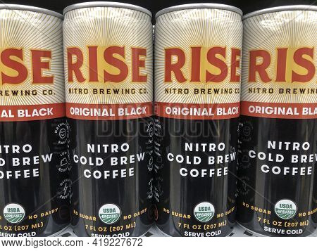 Indianapolis - Circa May 2021: Rise Brewing Nitro Cold Brew Coffee. Rise Brewing Specializes In Nitr