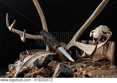 Hunting Knife And The Remains Of Various Animals. Knife On The Background Of The Horn And Skull Of A