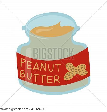 Peanut Butter In Glass Jar With Red Label. Nutty Creamy Spread Isolated On White Background.