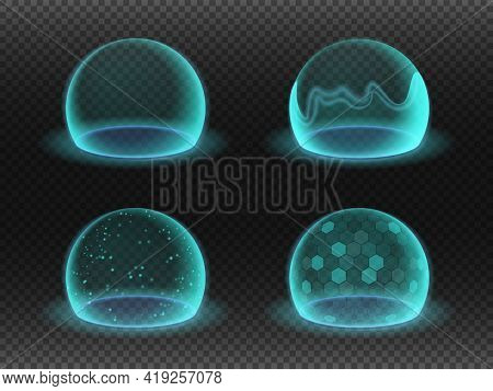 Bubble Shields. Energy Shield Effects Isolated On Transparency Grid. Science Fiction Various Deflect