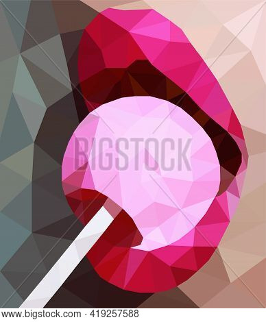 Low Polygonal Illustration Of A Girl With Red Lips Licking Chupa Chups