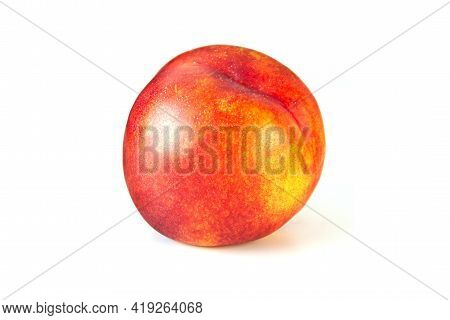 Peach Or Nectarine And Peach Slice With Leaf On White Background. Yellow Fruit Background