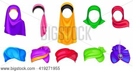 Set Of Turban And Hijab Headwear For Men And Women, Oriental And Indian Wrap Hats Of Different Color