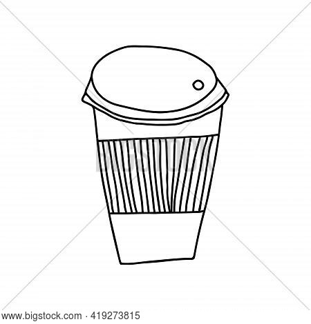 Hand Drawn Doodle Vector Illustration Of Hot Coffee In A Paper To Go Cup With A Protective Sleave. I