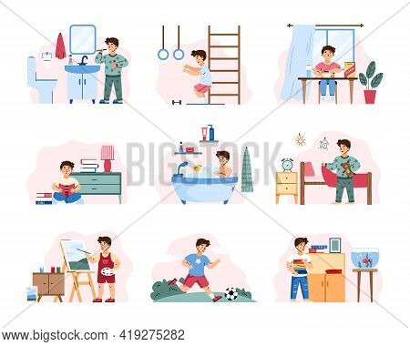 Set Of Childhood Daily Activity From Morning To Evening For Child Boy.