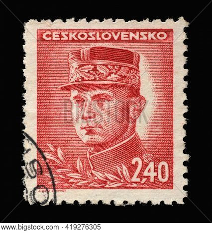 ZAGREB, CROATIA - SEPTEMBER 18, 2014: Stamp printed in Czechoslovakia shows General Milan Stefanik, Slovak Politician, Diplomat and Astronomer, circa 1945