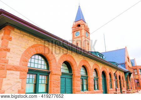 April 26, 2021 In Cheyenne, Wy:  Vintage Train Depot Building With A Clock Tower Built During The 18