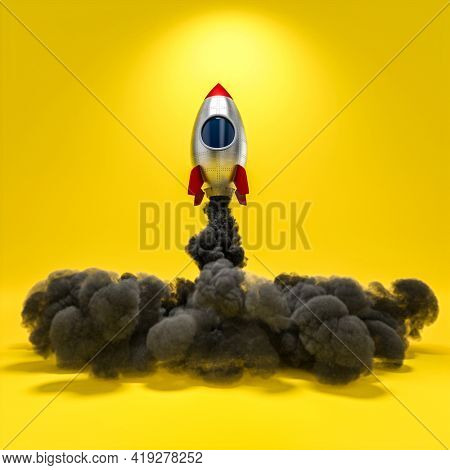 space rocket ship in cartoon style with smoke and yellow background. 3d render