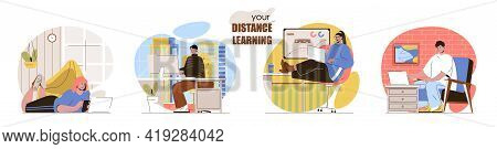 Distance Learning Concept Scenes Set. Students Studying On Laptops, Homeschooling, Online Education,