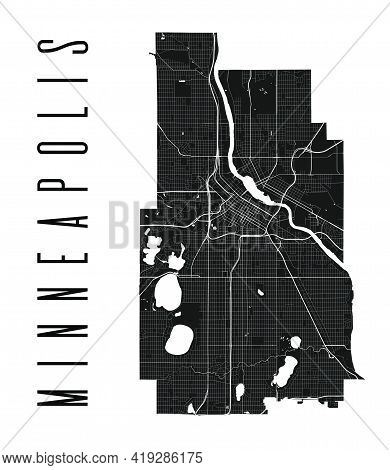 Minneapolis Map. Detailed Vector Map Of Minneapolis City Administrative Area. Cityscape Poster Metro